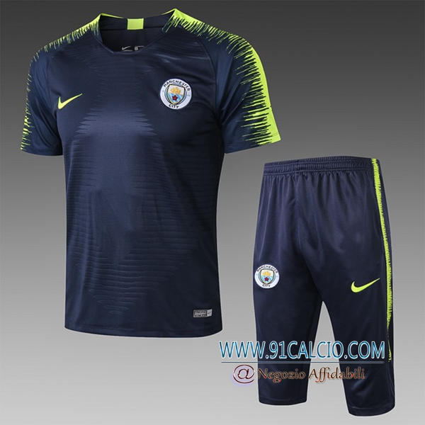Pre-partita T Shirt Allenamento Manchester City + Pantaloni 3/4 Blu scuro 2019 2020
