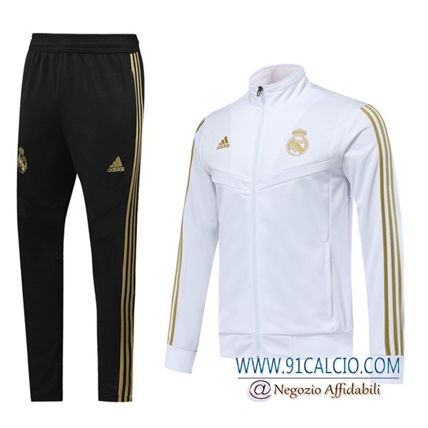 Tuta Allenamento Real Madrid Bianco Giallo 2019 2020 | Giacca con cappuccio + Pantaloni