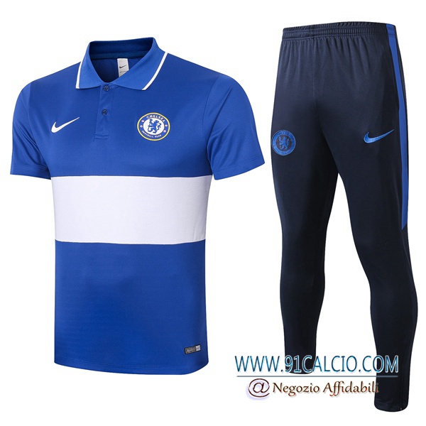 Kit Maglia Polo FC Chelsea + Pantaloni Blu Bianco 2020 2021
