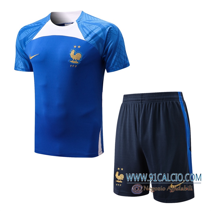 T Shirt Allenamento + Pantaloncini Francia Blu 2022/2023